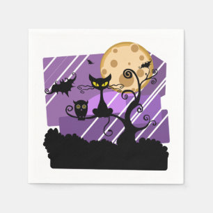 Serviette En Papier Chat noir d'Halloween, chauve-souris d'arbre lunai