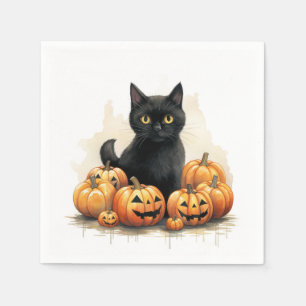 Serviette En Papier Chat noir et Jack-O-Lanterns