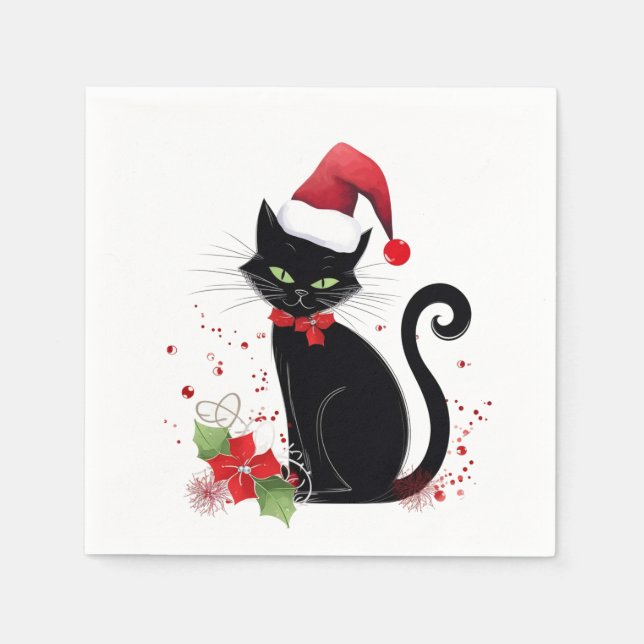 Serviette En Papier Chat noir festif (Devant)