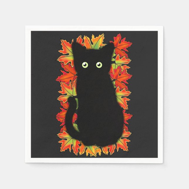 Serviette En Papier Chat noir, Feuilles d'automne motif, Halloween amu (Devant)