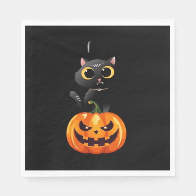 Serviette En Papier Chat noir Halloween Design - Art Citrouille Éffray (Devant)