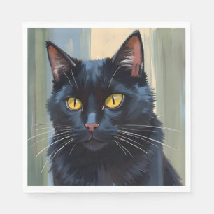 Serviette En Papier Chat Noir Joli Chaton Aquarelle