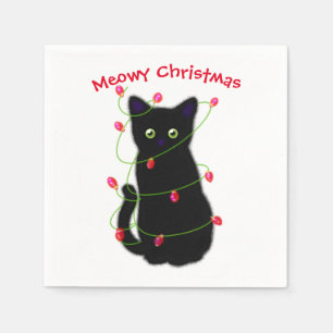 Serviette En Papier chat noir Meowy Christmas lumières scintillant
