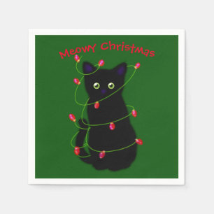 Serviette En Papier chat noir   Meowy Christmas   lumières scintillant