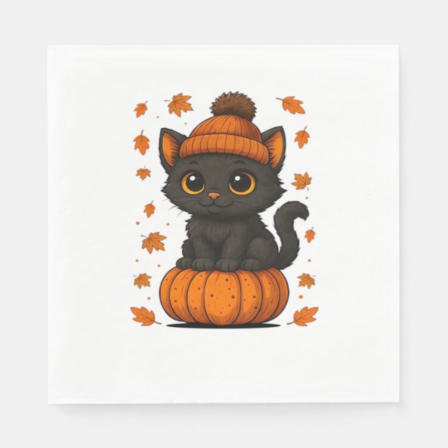 Serviette En Papier Chat noir mignon assis sur Citrouille Automne esth (Devant)