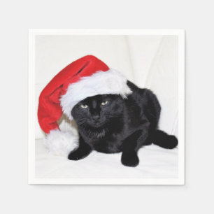 Serviette En Papier Chat noir mignon avec chapeau de Santa