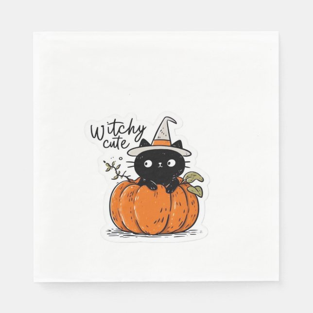 Serviette En Papier Chat noir mignon en citrouille avec casquette sorc (Devant)