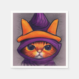 Serviette En Papier Chat orange avec sorcière violette Casquette Hallo
