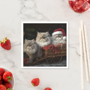 Serviette En Papier Chat Persan Traîneau Neigeux Décor Noël