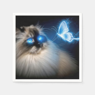 Serviette En Papier Chat Ragdoll Avec Papillon Néon Bleu