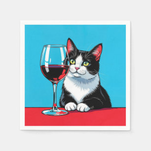 Serviette En Papier Chat Smoking Avec Verre de Vin Rouge