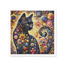 Chat Whimsical Noir Abstrait peinture florale Art