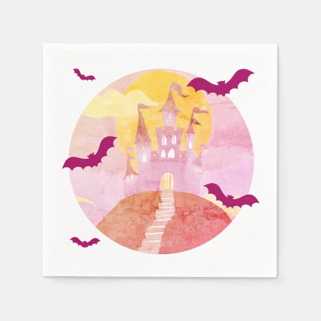 Serviette En Papier Château Éffrayant rose sur la Colline Halloween Pa (Devant)