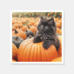 Serviette En Papier Chaton noir Halloween sur une citrouille