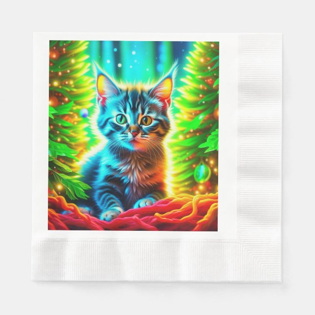 Serviette En Papier Chatons gris mignons avec arbres de Noël (Devant)
