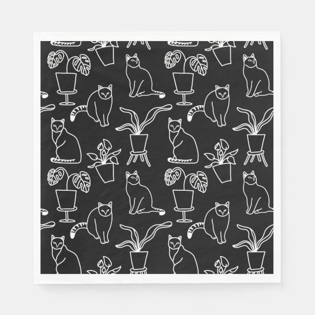 Serviette En Papier Chats blancs en noir (Devant)