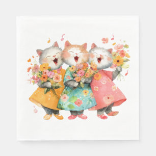 Serviette En Papier Chats chantants tenant des bouquets