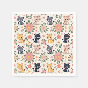 Serviette En Papier Chats de jungle de dessin animé mignons et fleurs