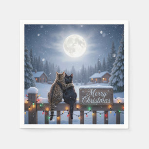 Serviette En Papier Chats de Noël s'étreignant sur une clôture enneigé