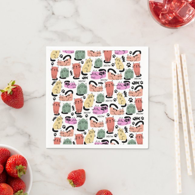Serviette En Papier Chats Doodles Et Empreintes de pattes (En situation)
