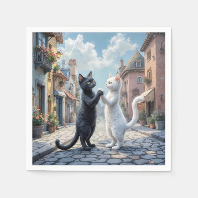 Serviette En Papier Chats noirs et blancs dansant sur cobblestone (Devant)