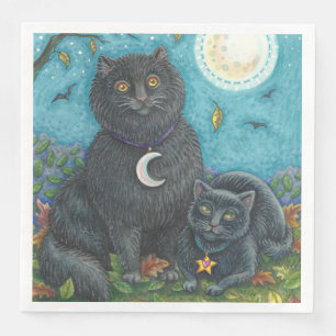 SERVIETTE EN PAPIER CHATS NOIRS HALLOWEEN FOLK ART FELINES