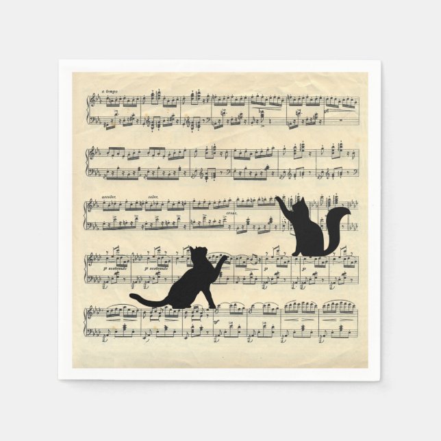 Serviette En Papier Chats noirs sur feuille de musique (Devant)