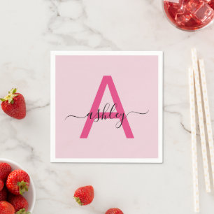 Serviette En Papier Chaud rose moderne Script Girl Monogramme Nom