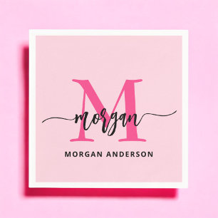 Serviette En Papier Chaud rose moderne Script Girl Monogramme Nom