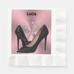 Serviette En Papier Chaussure haute Parties scintillant noire sur rose