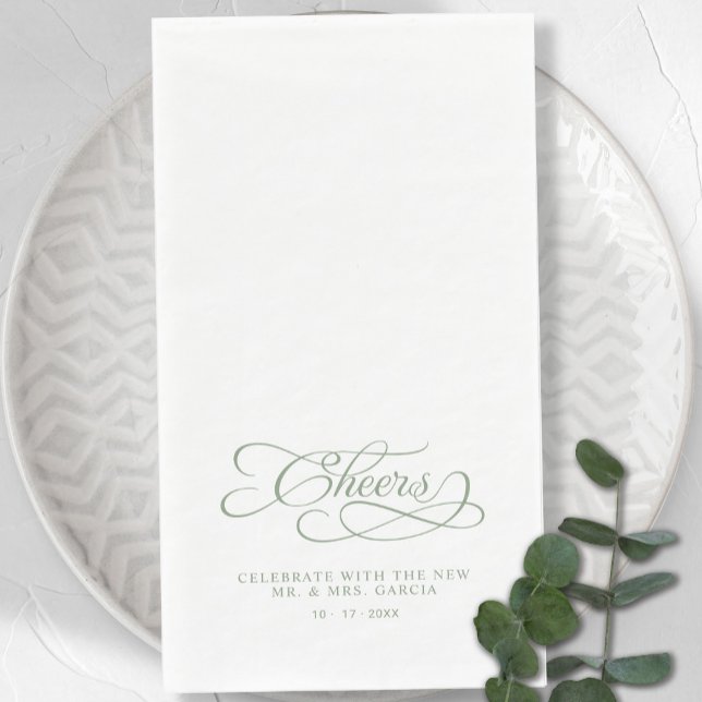 Serviette En Papier Cheers Elegant Bride & Groom Calligraphy Green (Cheers Elegant Bride & Groom Calligraphy Green Paper Guest Towels)