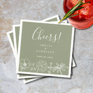 Serviette En Papier Cheers Sage Green Élégant Floral Line Art Mariage