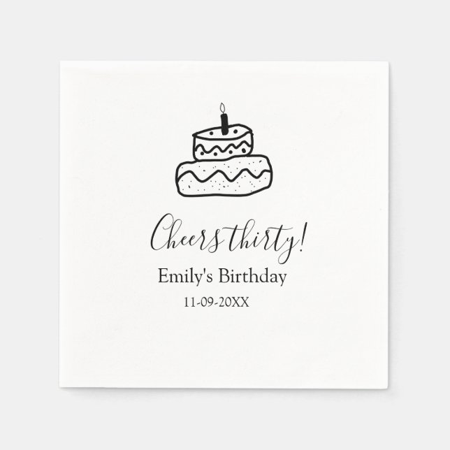 Serviette En Papier Cheers thirty birthday cake black scribble hand (Devant)