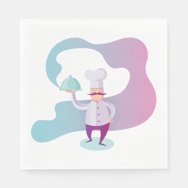 Serviette En Papier Chef souriant avec Moustache et plateau de service (Devant)