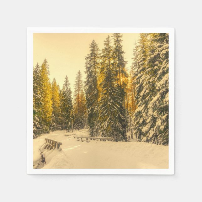 Serviette En Papier Chemin d'hiver neigeux avec pins (Devant)