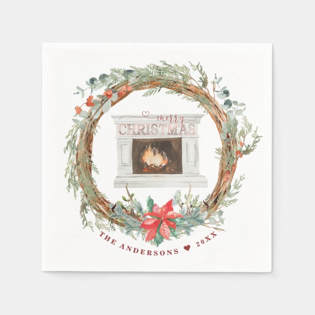 Serviette En Papier Cheminée confortable Wreath hiver Joyeux Noël (Devant)