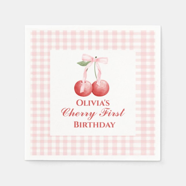 Serviette En Papier Chercher premier anniversaire Pink Bow En vichy (Devant)