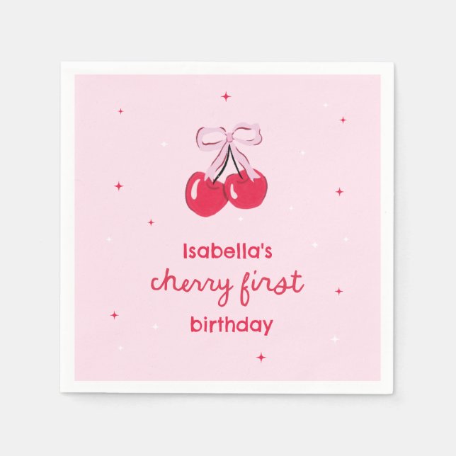 Serviette En Papier Cherry First Birthday with Pink Preppy Bow (Devant)