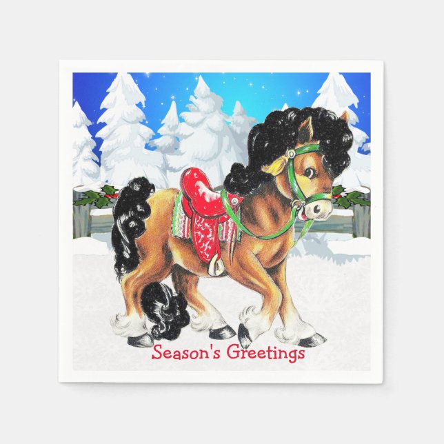 Serviette En Papier Cheval Avec Selle Rouge Scène Hiver Serviettes (Devant)