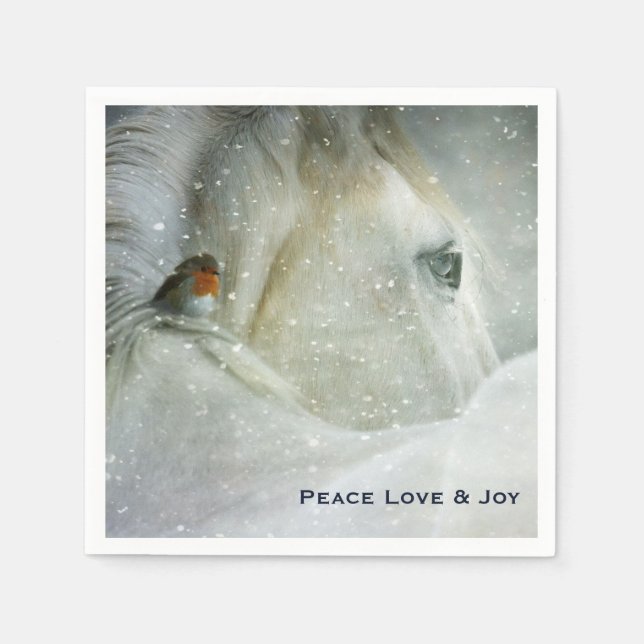Serviette En Papier Cheval blanc et oiseau dans une neige hivernale No (Devant)