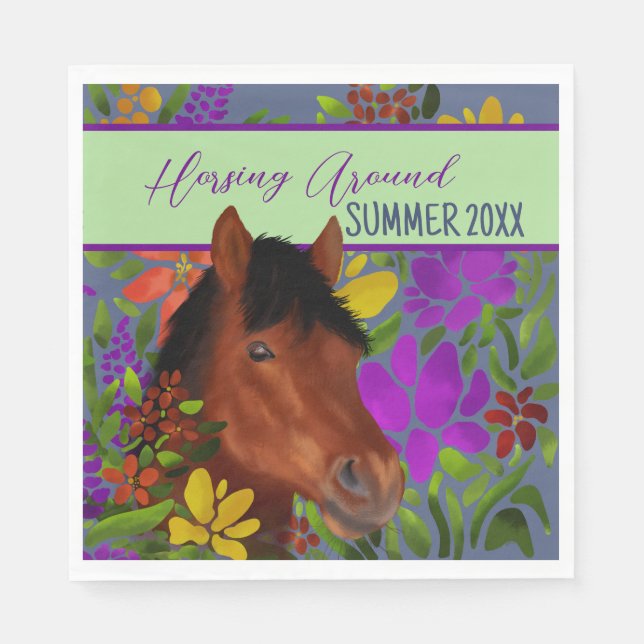Serviette En Papier Cheval Brown Lover Autour De Fleur (Devant)