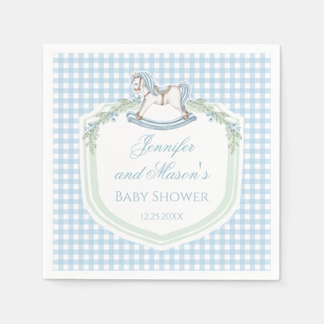 Serviette En Papier Cheval en bois bleu en vichy crête bébé garçon dou (Devant)