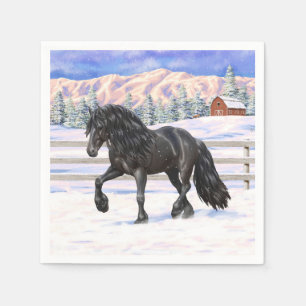 Serviette En Papier Cheval Noir Friésien En Neige