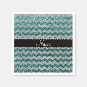 Serviette En Papier Chevrons argentés turquoises nommés faits sur