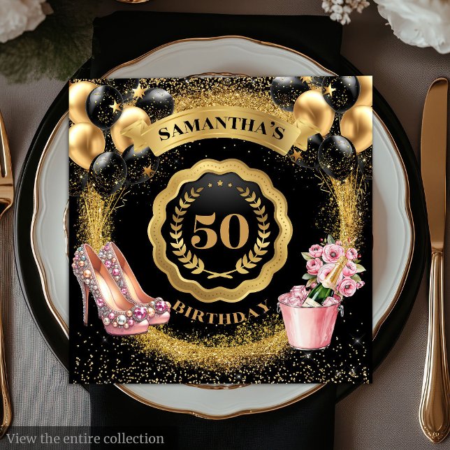Serviette En Papier Chic 50e anniversaire Black Balloons Parties scint (Chic 50th Birthday Black Balloons Gold Glitter Napkins)