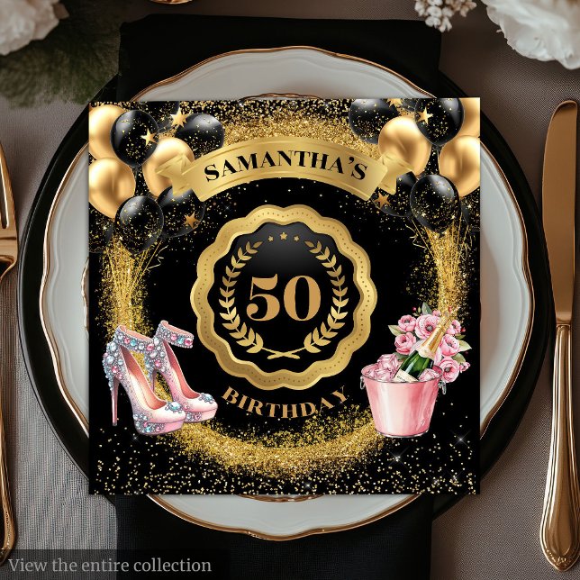 Serviette En Papier Chic 50e Anniversaire serviettes Black Balloons Or (Glamorous Gold Balloons Napkins with Blush High Heels

)