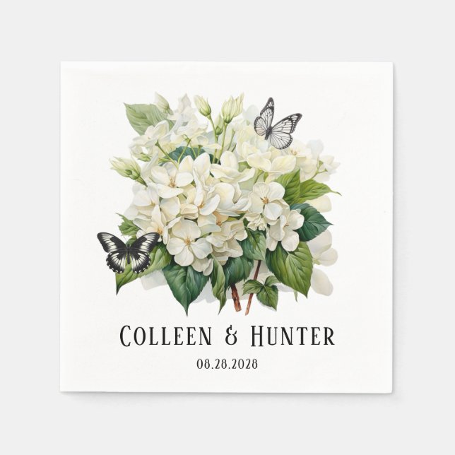 Serviette En Papier Chic blanc Hydrangea et Mariage papillon (Devant)