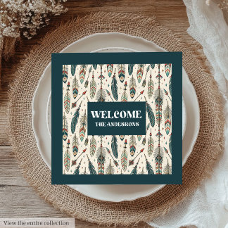 Serviette En Papier Chic Boho Napkins Plumes & Flèches Nom personnalis