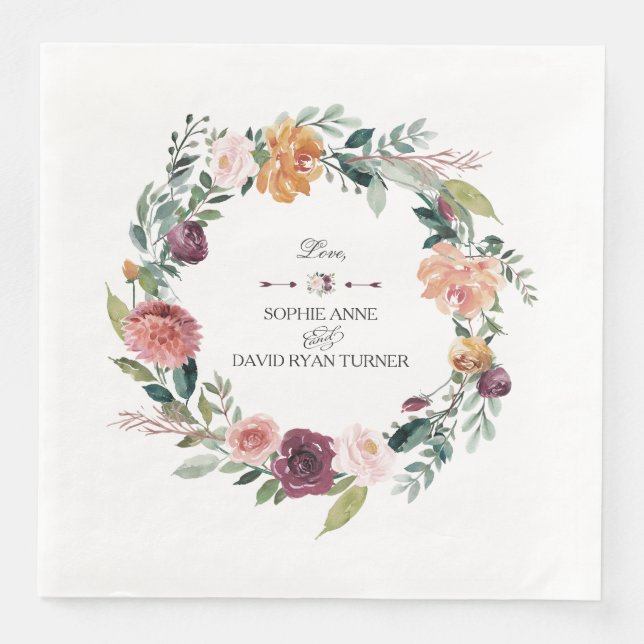 Serviette En Papier Chic Bourgogne Blush Ivory Floral Wreath Mariage (Devant)