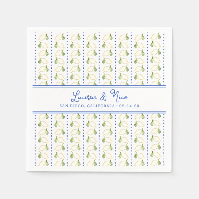 Serviette En Papier Chic Citron Citrus Elégant Mariage d'été bleu (Devant)
